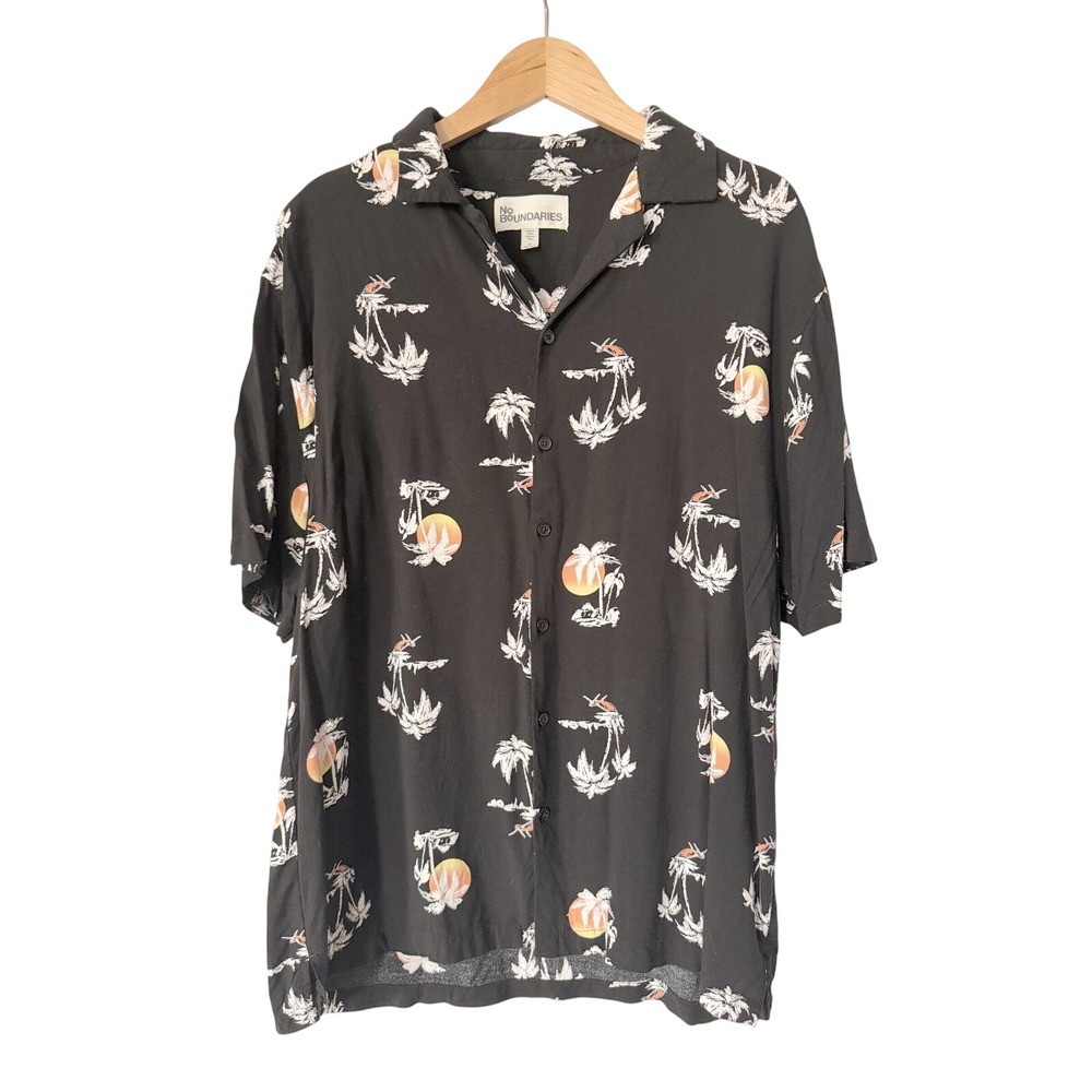 Hawaiian Palm Tree Mens L Black Button Down Shirt Tropical Vacation